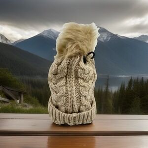 Time and Tru Cable Knit Beanie Winter Hat Faux Fur‎ Pom Tan One Size New